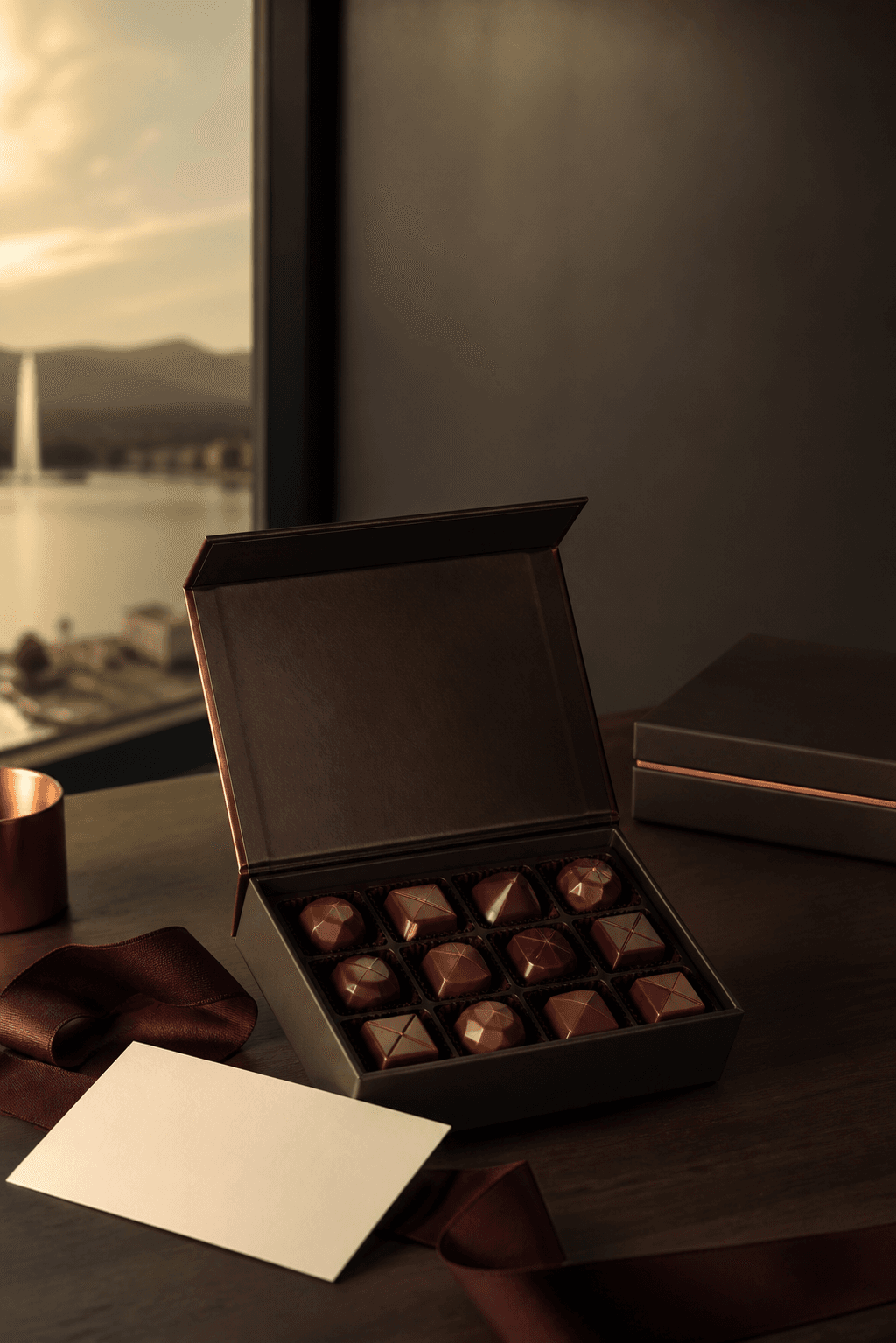 Coffret de douze chocolats présenté sur un bureau à Genève