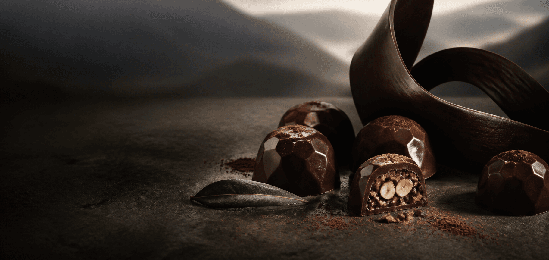 Bonbons de chocolat noir façonnés comme des pierres, devant un paysage alpin brumeux